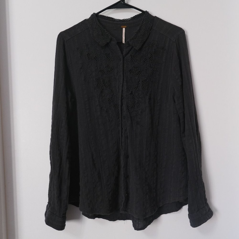 Free People Black Floral Embroidered Shirt Top (M)
